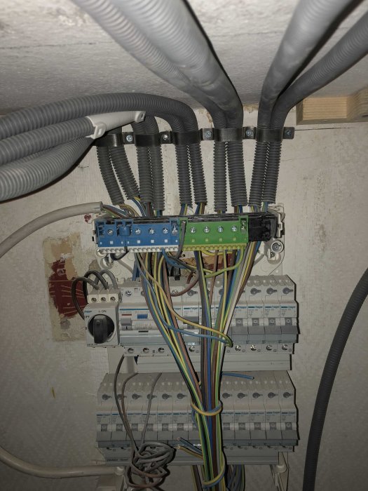 Elcentral med kablar, säkringar och anslutna elrör i en installationsmiljö.