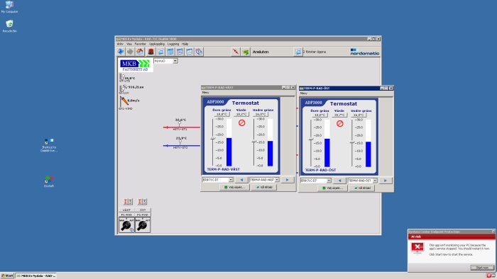 Skärmdump av en dator med öppna fönster för termostatkontroller i ett fastighetssystem.