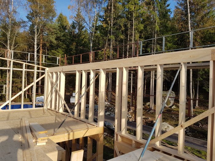 Byggarbetsplats med tre upprättade och riktade timmerväggar, väggstämp, limträbalk, pelare och en tillfällig trappa.