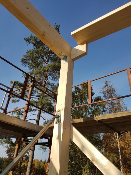 Konstruktion av trävägg med limträbalk över fönsterparti och tjock pelare, björkträd i bakgrunden.