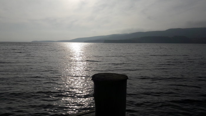 Solnedgång över havet med mjukt soldis och en bryggas stolpe i förgrunden.