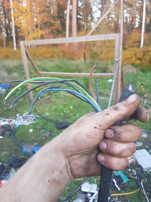 En hand som håller i elsladdar med multicolorade kablar framför en otydlig utomhusbakgrund.