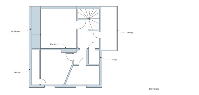 Ritning av plan 2 i ett hus med sovrum, toalett, balkong och garderober markerade, i sökandet efter en bättre planlösning.