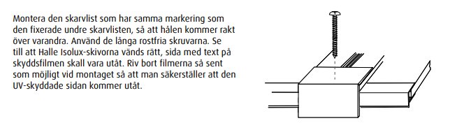 Illustration av en skarvlist monterad med en lång skruv och detaljerad beskrivning av installationen.