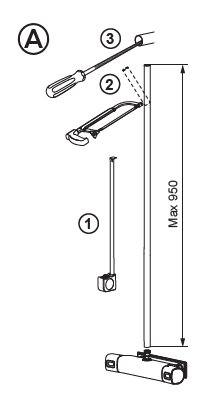 Schematisk illustration av en kapbar produkt med monteringsdetaljer och maxmåttet angivet till 950 mm.