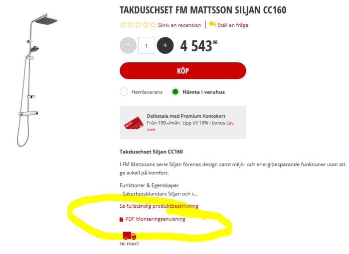 Takduschset FM Mattsson Siljan CC160 sida från webbutik med pris och länk till monteringsanvisning.