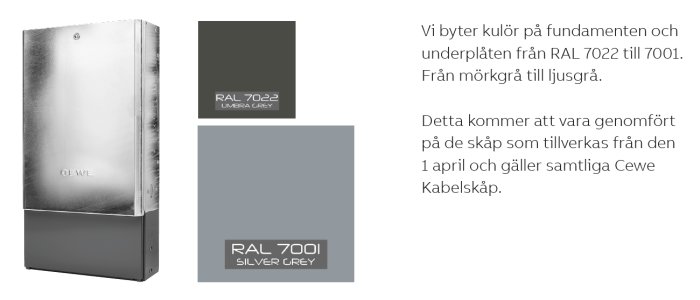 Epoxy-lackat elskåp i RAL7022 med färgprover RAL7022 och RAL7001 och text om byte till ljusare kulör.