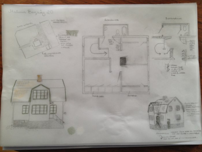 Handritade skisser av ombyggnadsförslag för 20-talshus inklusive planritningar och fasadritningar.
