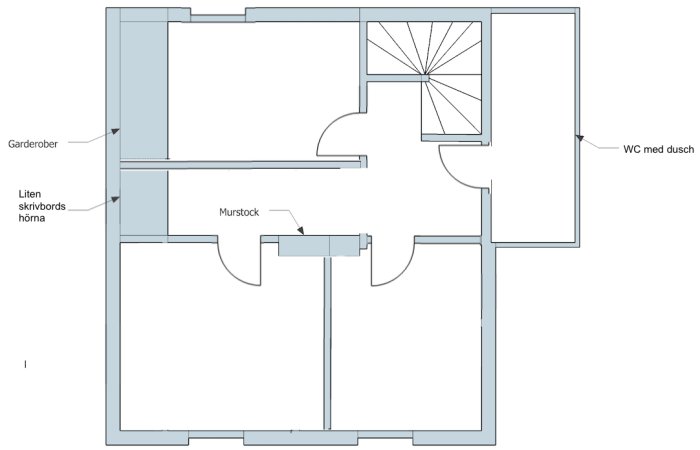 Ritning av ombyggnad för 20-talshus med badrum, garderober, skrivbordshörna och murstock.