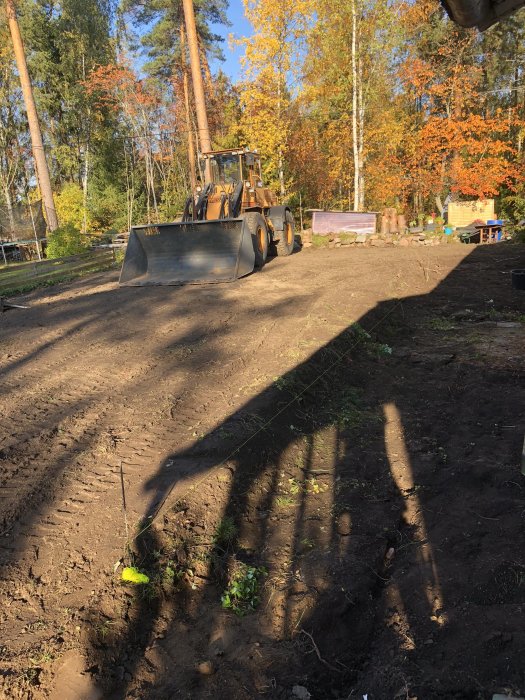 Grävmaskin på ett byggprojekt med en jordhög, skog i bakgrunden och höstlöv på träd.