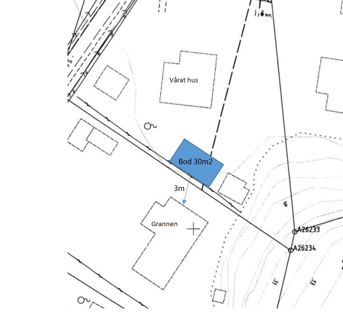 Fastighetskarta med planerad plats för en 30m2 stor övernattningsbod, markerad i blått, 3m från grannens hus.