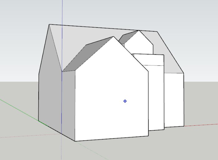 3D-modell av ett hus med flera sadeltak i en stegvis utbyggnad.