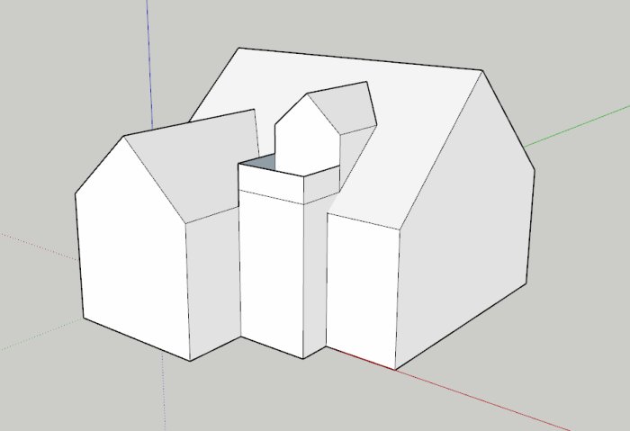 3D-modell av en husutbyggnad med enkla geometriska former i ett designprogram.