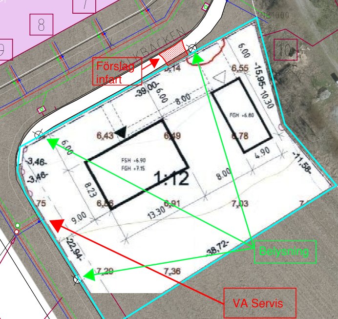 Markplan och förslag till infart för nytt garage på hörntomt med märkt gatubelysning och VA-service.