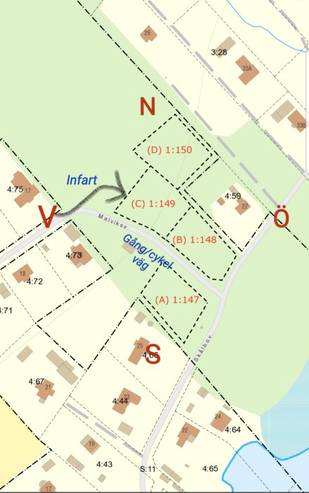 Kartbild som visar tomtindelning med tomterna A, B, C och D markerade, en infart och en planerad gång- och cykelväg.