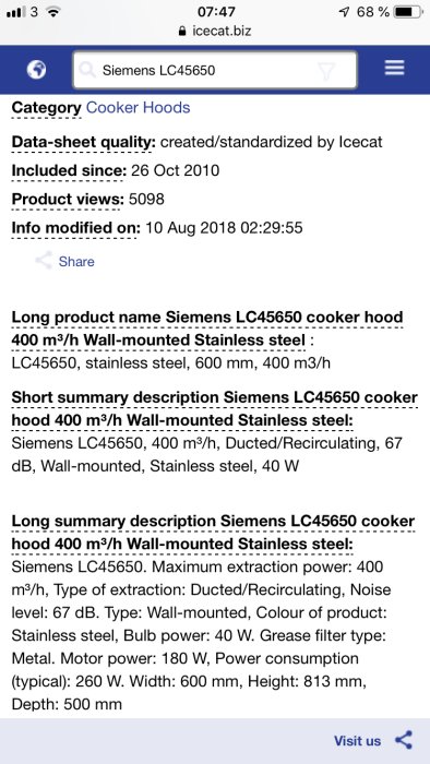 Skärmdump av en produktsida för Siemens LC45650 köksfläkt med tekniska specifikationer.