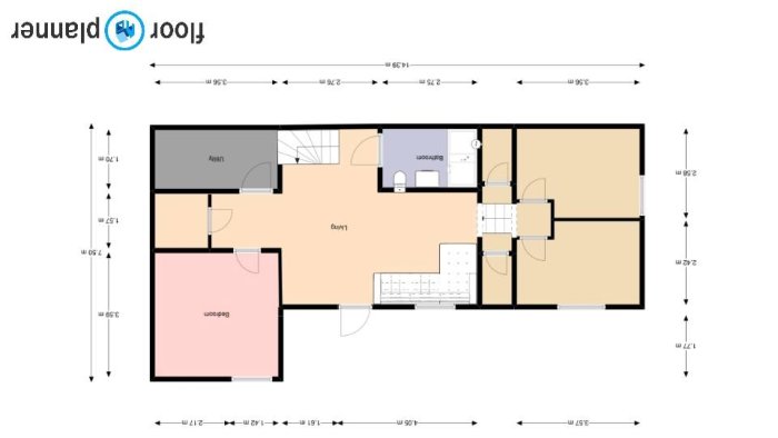 Planritning av en våningsplan med dimensioner, inklusive två barnrum på ca 8.5m2, hall, och mindre sovrum.