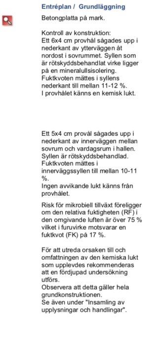 Skärmdump av besiktningsprotokoll angående grundläggning, med detaljer om fuktproblem och råd om åtgärder.