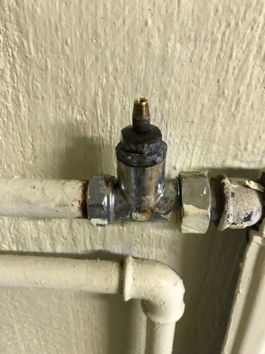 Läckande termostat på uppvärmd vattenradiator, synlig droppbildning, i behov av reparation.