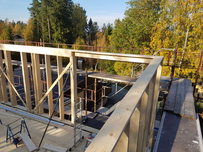 Andra våningens väggar under konstruktion med träreglar, och synliga takreglar upplyfta på byggarbetsplats.