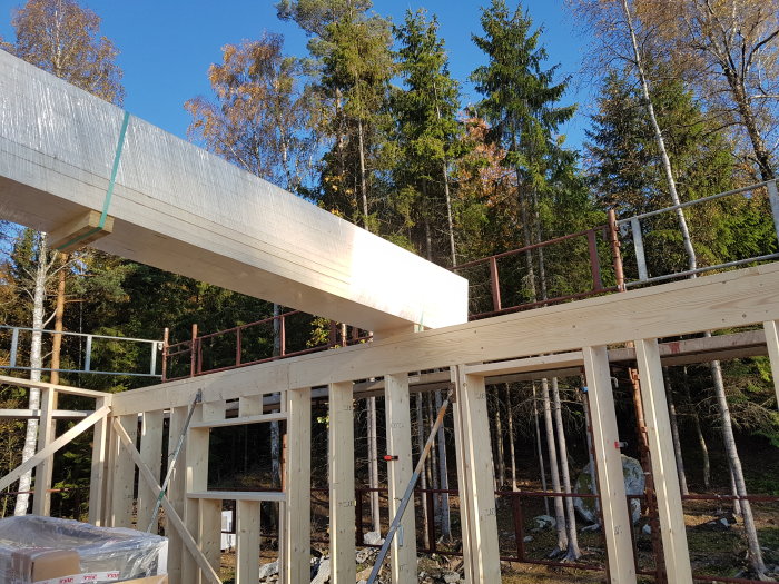 Byggnation av andra våningen på hus med uppställda takreglar och väggar omgivna av skog.