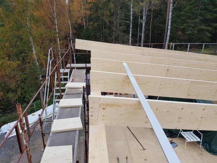 Takreglar av Kerto-trä på en andra våning under konstruktion, omgiven av skog.