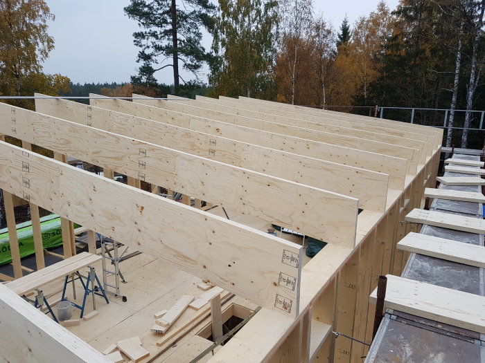 Upplyfta takreglar av Kerto-trä på husets andra våning med synliga arbetsverktyg och omgivande träd.