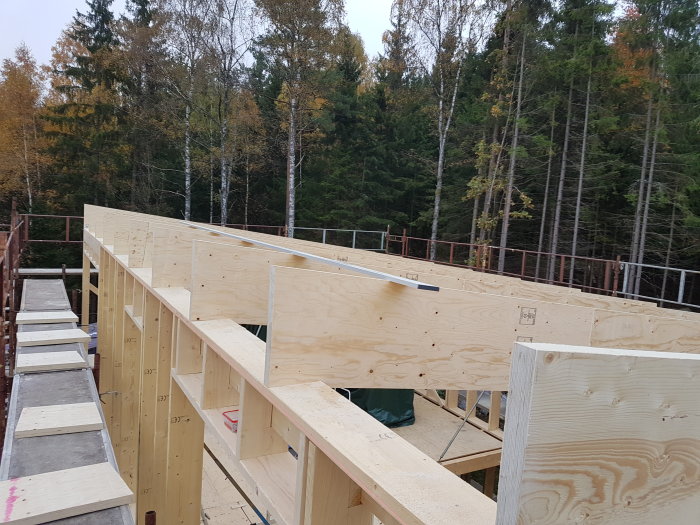 Takreglar och väggpaneler av trä upplyfta på en byggställning med skog i bakgrunden.