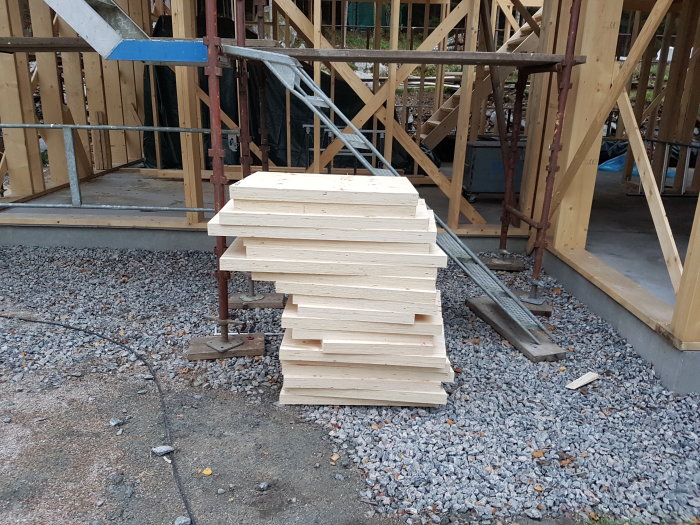 Stapel med träreglar framför en byggnadsställning på en byggarbetsplats.