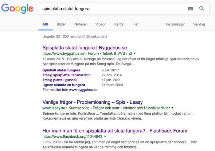 Google-sökresultatsida med en sökning efter "spis platta slutat fungera" som visar länkar till forumdiskussioner.