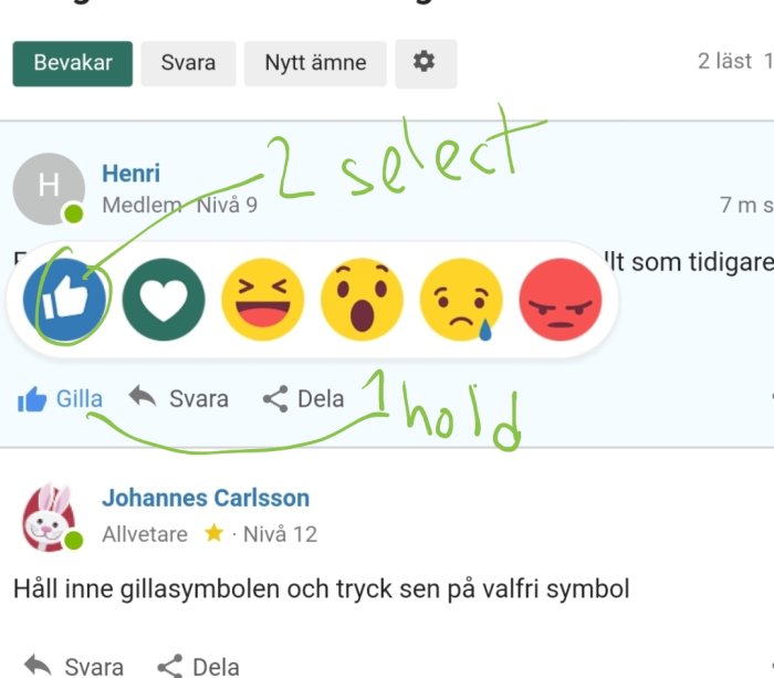 Skärmdump av diskussionsforum med markeringar och anvisningar för hur man väljer reaktionssymboler.