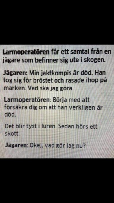 Skärmavbild av en textkonversation som skämtar om jakt, med jaktoperatören och jägare som karaktärer.