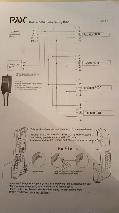 Installationsanvisning för PAX Radiator 3000, systemförslag 400V med elschema och temperatursänkningsguide.