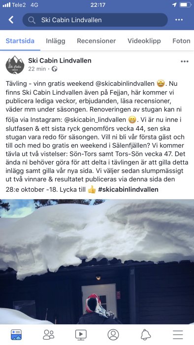 Skärmdump av Facebook-sidan "Ski Cabin Lindvallen" med en tävlingsannons och kommentarer, snötäckt stuga i bakgrunden.