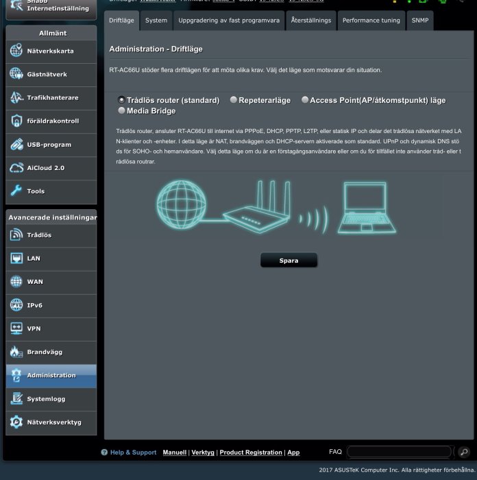 Skärmdump av en router administrationsgränssnitt med alternativ för router, repeater, accesspunkt och mediabro-lägen.