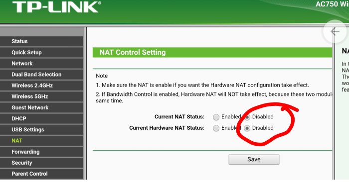 Skärmdump av TP-Link router-gränssnitt med NAT Control Setting och röd markering runt alternativet 'Disabled'.