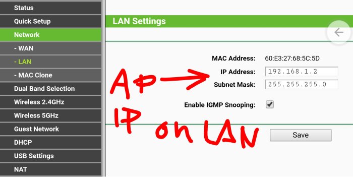 Skärmdump av routerinställningar med anpassad IP-adress för accesspunkt, röd markering och anteckningar.