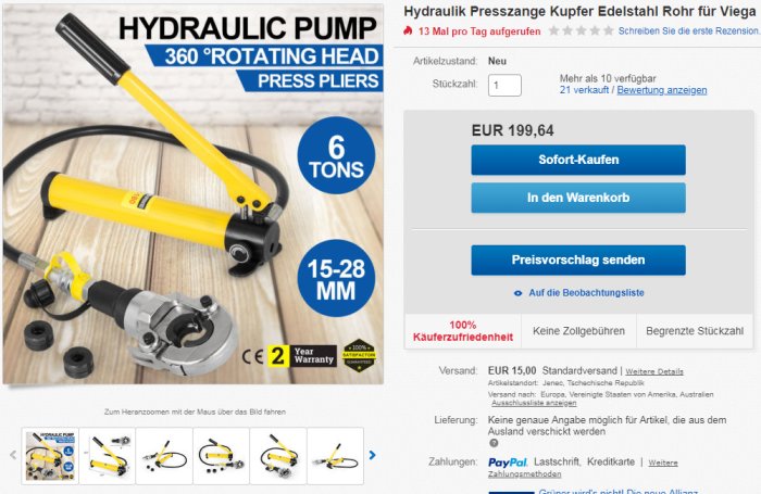 Hydrauliskt pressverktyg med roterande huvud och svart slanga, annonserat online för kopparledningsinstallation.