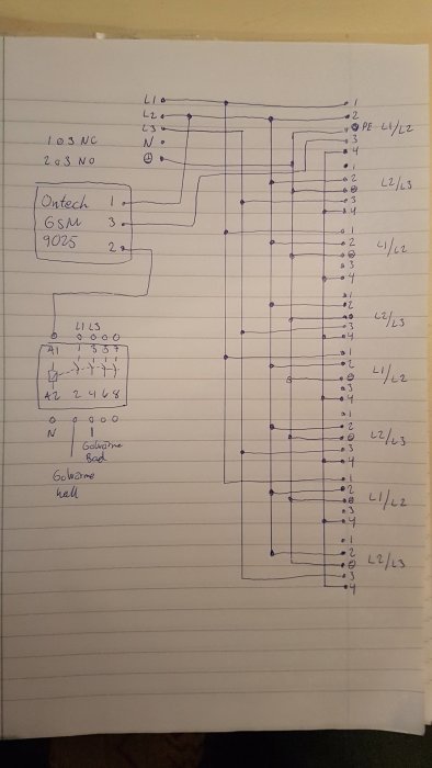 Handritad elritning på linjerat papper med beteckningar och anslutningar för bostadsinstallation.