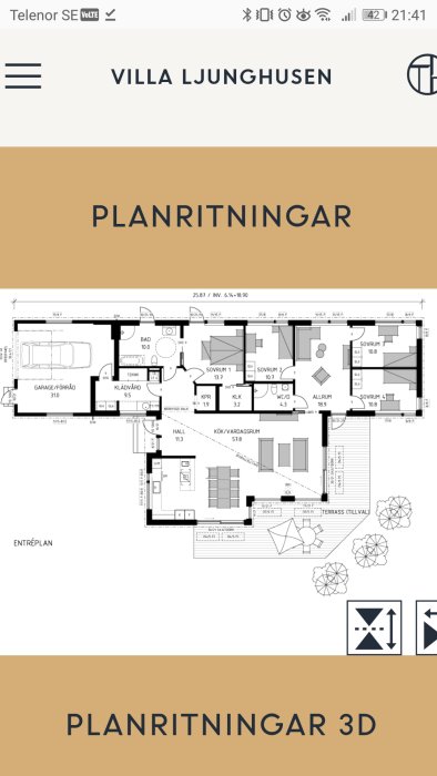 Planritning av Villa Ljunghusen med rumsuppdelning och måttangivelser.