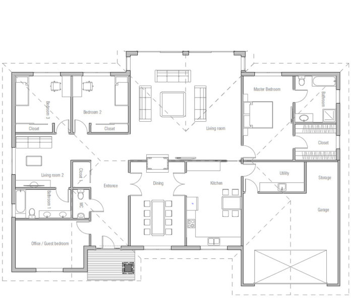 Grundritning över en amerikansk planlösning med beteckningar för rum som kök, sovrum och garage.