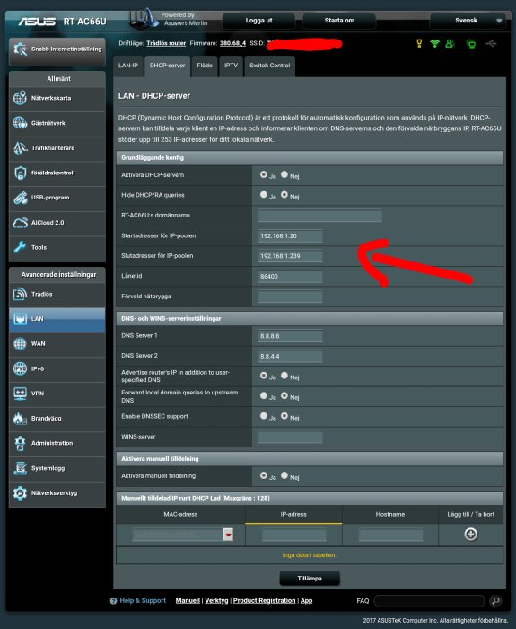 Skärmdump av ASUS router-gränssnitt som visar LAN DHCP-server inställningar med reserverade IP-adresser.