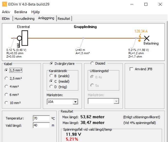 Skärmdump av ELdim mjukvaran som visar elektrisk beräkning för en 1,5 mm2 kabel och dess specifikationer.