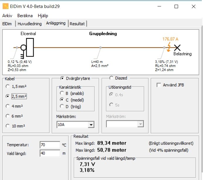 Skärmdump av programmet ElDim som visar kabeldimensionering för elektrisk installation.