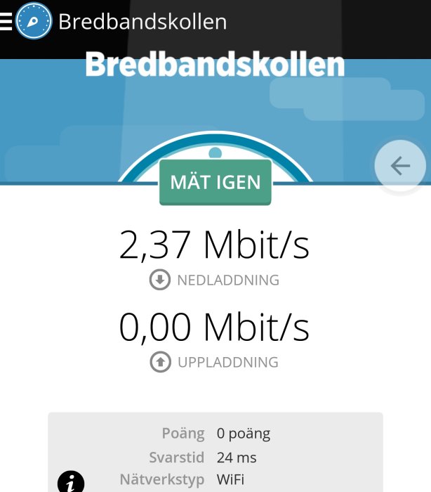 Skärmavbild från Bredbandskollen-app visar låg nedladdningshastighet på 2,37 Mbit/s och ingen uppladdning.