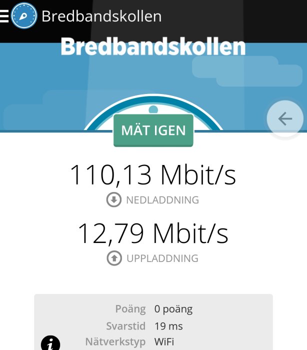 Skärmdump från Bredbandskollen som visar nedladdningshastighet på 110,13 Mbit/s och uppladdningshastighet på 12,79 Mbit/s.