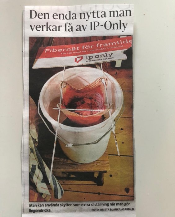 Bild på en tidningsartikel om IP-Only med en hink där en silduk med lingon hänger över.