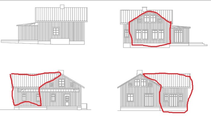 Fasadritningar av ett hus, med röd markering som visar planerad utbyggnad i vinkel.