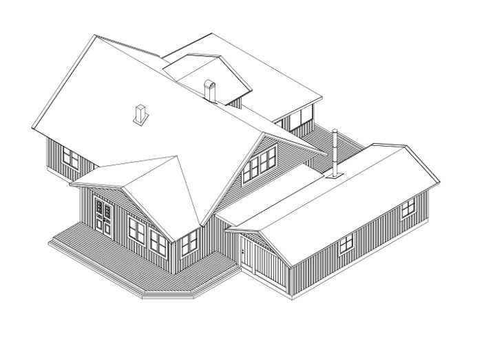 Linjeteckning av ett falurött 1½-planshus med tillbyggnad och olika takvinklar.