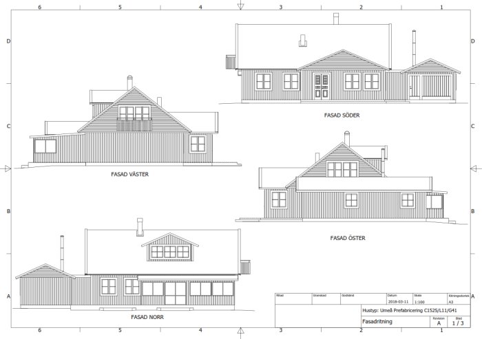 Arkitektoniska fasadritningar av ett hus från fyra väderstreck med tilltänkt utbyggnad.